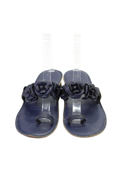 Chanel Womens Camellia Flower Low Heel Toe Ring Sandals Navy Leather Size 38 8