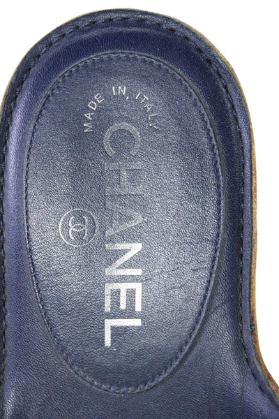 Chanel Womens Camellia Flower Low Heel Toe Ring Sandals Navy Leather Size 38 8