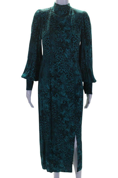 AFRM Womens Long Sleeve High Neck Animal Print Midi Dress Turquoise Black XS