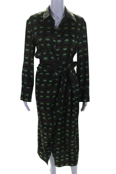 Zara Womens Button Front Long Sleeve Collared Printed Dress Green Brown Size XS