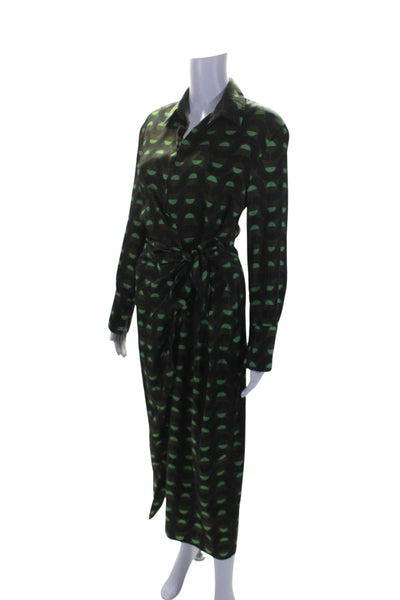 Zara Womens Button Front Long Sleeve Collared Printed Dress Green Brown Size XS