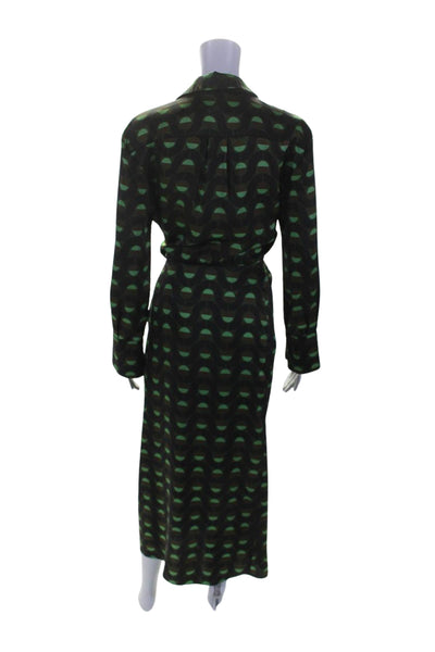 Zara Womens Button Front Long Sleeve Collared Printed Dress Green Brown Size XS