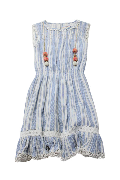 Bell Girls Cotton Striped Print Ruched Pom Pom Sleeveless Midi Dress Blue Size 8