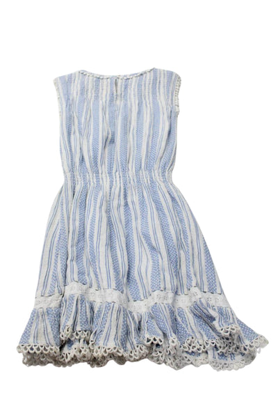 Bell Girls Cotton Striped Print Ruched Pom Pom Sleeveless Midi Dress Blue Size 8