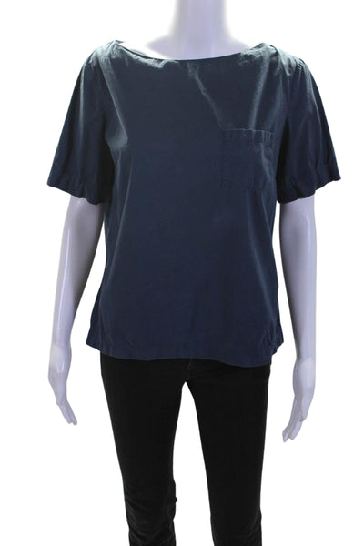 Thakoon Womens Cotton Round Neck Short Sleeve Zip Up Blouse Top Blue Size 6