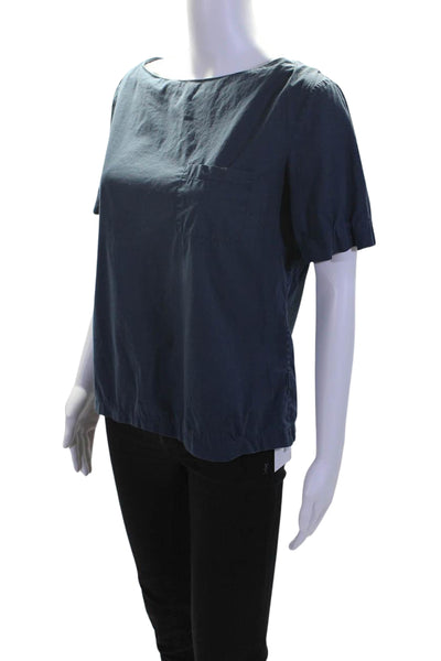 Thakoon Womens Cotton Round Neck Short Sleeve Zip Up Blouse Top Blue Size 6