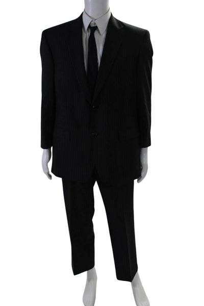 Calvin Klein Mens Wool Pinstripe Print Blazer Pleated Pants Suit Black Size 42