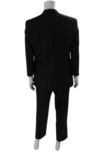 Calvin Klein Mens Wool Pinstripe Print Blazer Pleated Pants Suit Black Size 42