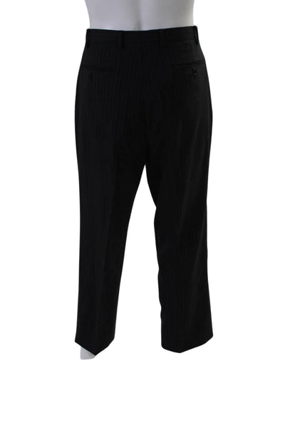 Calvin Klein Mens Wool Pinstripe Print Blazer Pleated Pants Suit Black Size 42