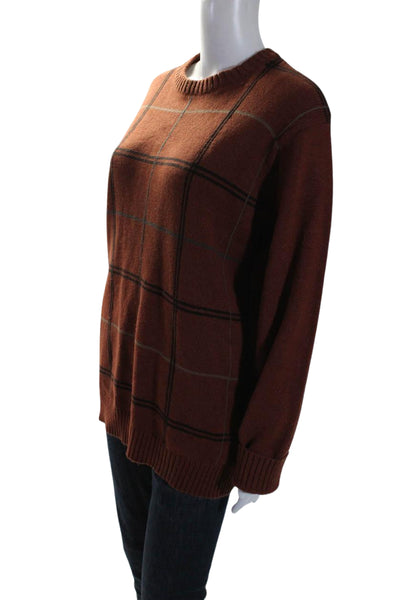 Oscar de la Renta Womens Cotton Knit Plaid Print Crewneck Sweater Orange Size L