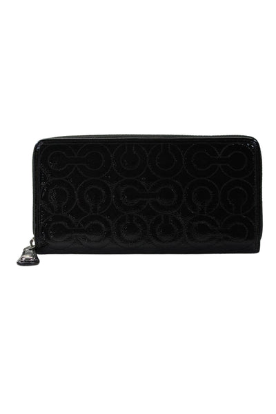 Coach Womens Leather Embroidered Large Zip Up Wallet Black