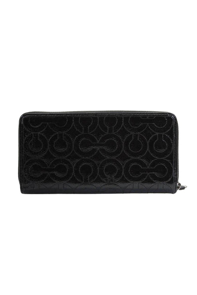 Coach Womens Leather Embroidered Large Zip Up Wallet Black