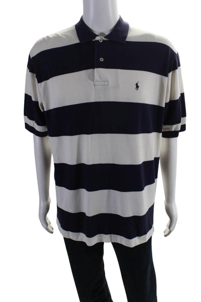 Polo Ralph Lauren Mens Striped Polo Shirt White Navy Blue Cotton Size Large