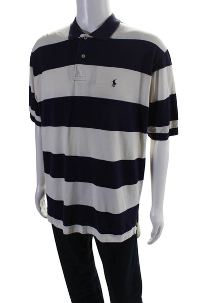 Polo Ralph Lauren Mens Striped Polo Shirt White Navy Blue Cotton Size Large