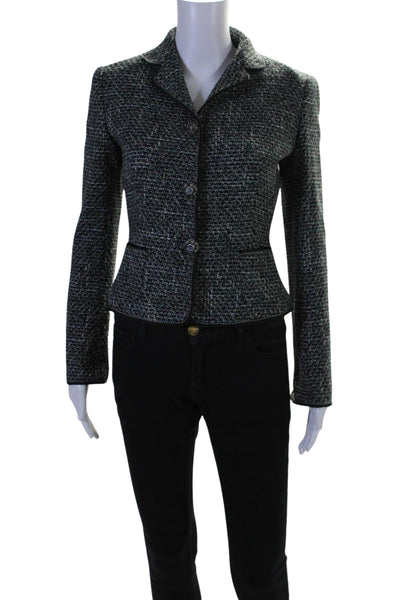 Elie Tahari Womens Woven Tweed Snap Jacket Black Gray Blue Size Extra Small