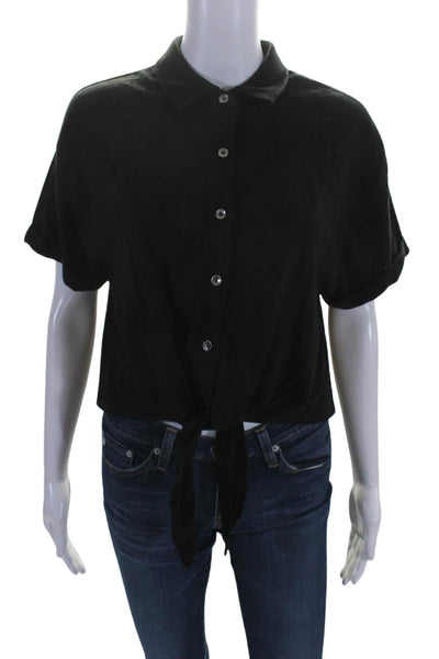 Splendid Women's Collared Short Sleeves Cotton Button Down Shirt Black Size S