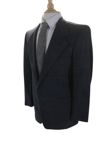 Adolfo Mens Wool Single Breasted Houndstooth Plaid Blazer Jacket Blue Size 36S