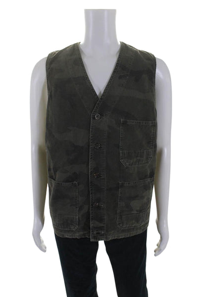 Hartford Mens Sleeveless Camouflage Print Button Down Vest Corduroy Green Large