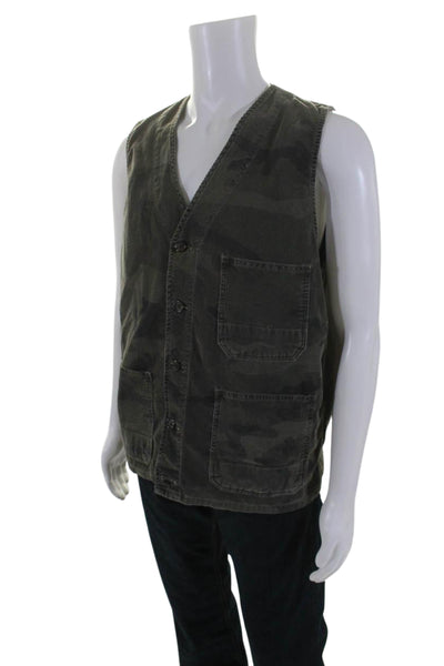 Hartford Mens Sleeveless Camouflage Print Button Down Vest Corduroy Green Large