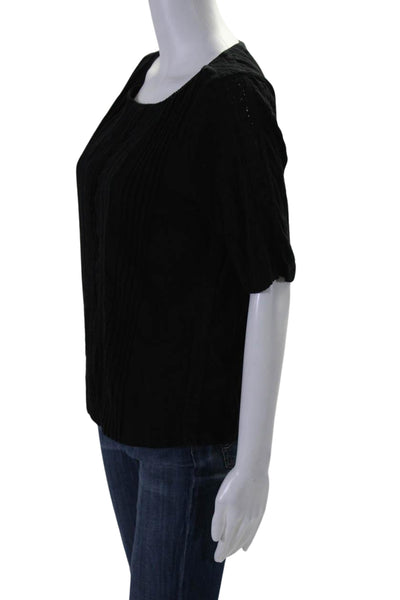 Lauren Ralph Lauren Womens Cotton Pleated Short Sleeve T-Shirt Top Black Size L