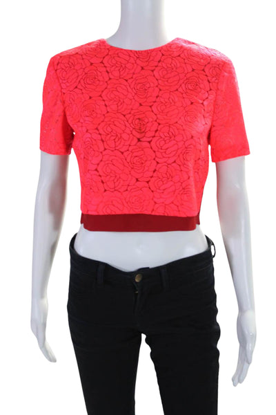 ALC Womens Short Sleeve Floral Lace Cropped Blouse Bright Pink Size 4