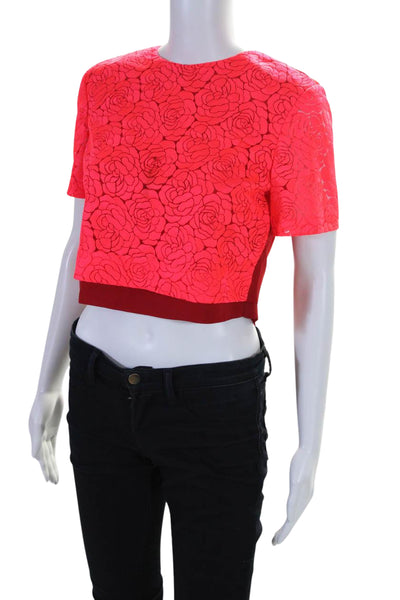 ALC Womens Short Sleeve Floral Lace Cropped Blouse Bright Pink Size 4