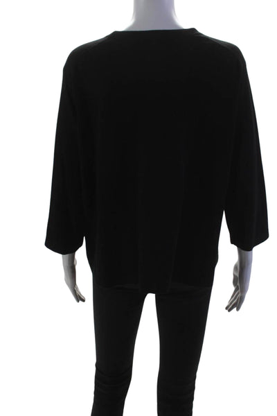 Minnie Rose Womens Thin Knit Crew Neck 3/4 Sleeve Sweater Black Size Large