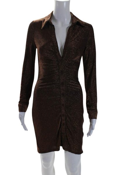 ASTR Womens Metallic Ruched Button Down Unlined Sheath Shirt Dress Brown Size M