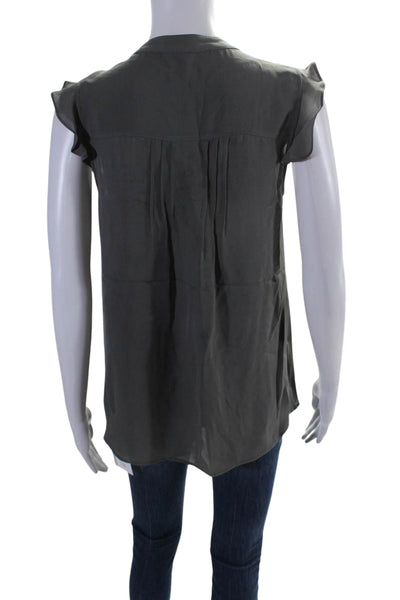 Theory Womens Silk Half Button Down Ruffled Short Sleeves Blouse Gray Size Petit