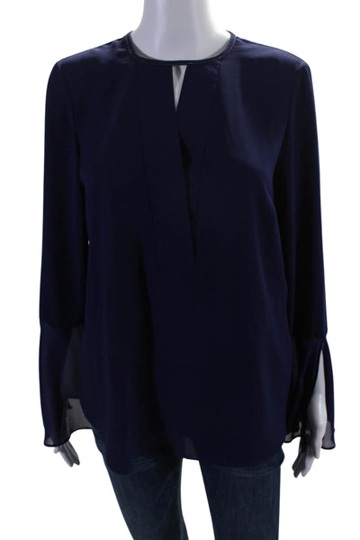 T Tahari Womens Beaded Trim Key Hole Neck Long Sleeves Blouse Blue Size Small