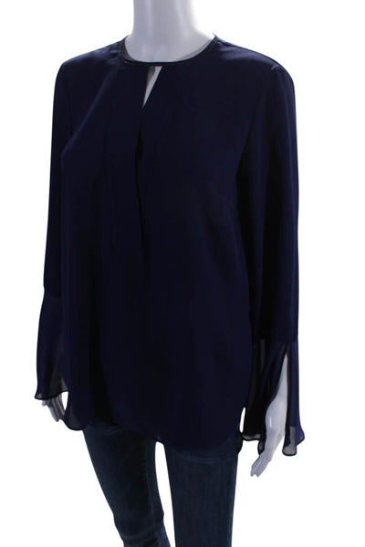 T Tahari Womens Beaded Trim Key Hole Neck Long Sleeves Blouse Blue Size Small