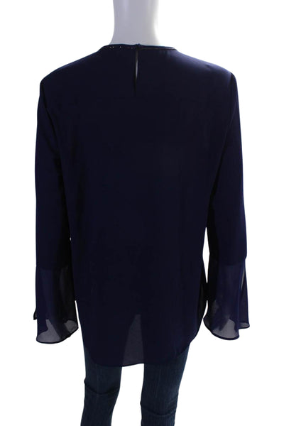 T Tahari Womens Beaded Trim Key Hole Neck Long Sleeves Blouse Blue Size Small