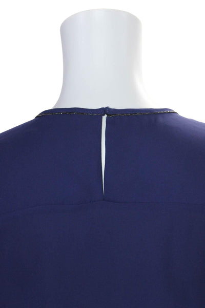 T Tahari Womens Beaded Trim Key Hole Neck Long Sleeves Blouse Blue Size Small