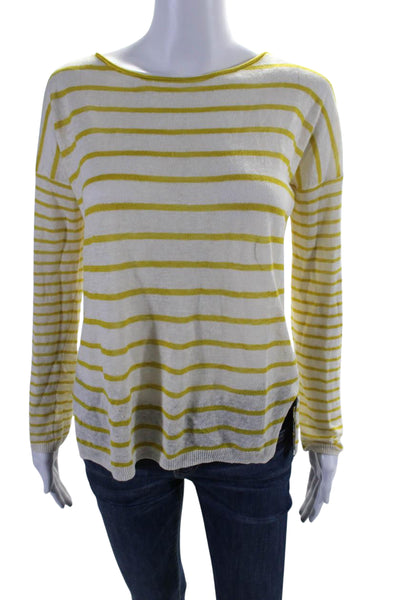 Vince Womens Linen Striped Long Sleeves Sweater White Yellow Size Extra Small