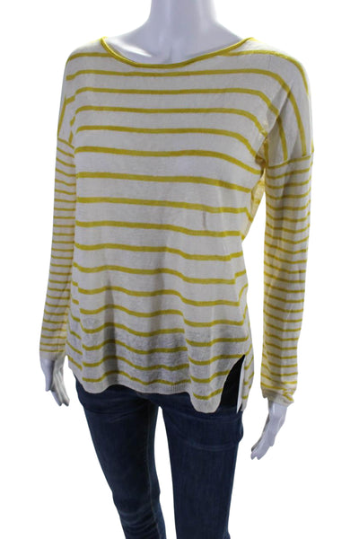 Vince Womens Linen Striped Long Sleeves Sweater White Yellow Size Extra Small