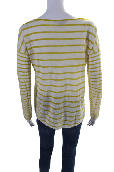 Vince Womens Linen Striped Long Sleeves Sweater White Yellow Size Extra Small