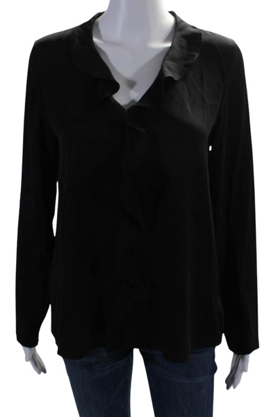 Theory Womens Silk Ruffled Front V Neck Long Sleeves Blouse Black Size Small