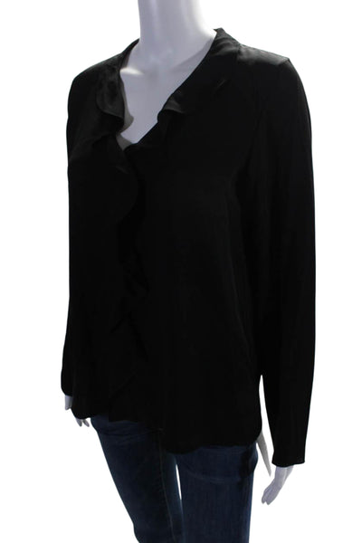 Theory Womens Silk Ruffled Front V Neck Long Sleeves Blouse Black Size Small