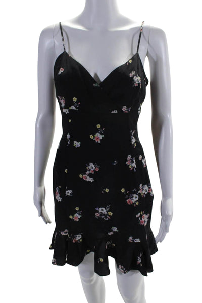 Intermix Womens Silk Floral Print Sleeveless V Neck Ruffled Dress Black Size 2