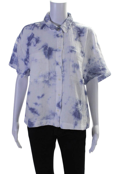 Madewell Womens Cotton Tie Dye Print Textured Short Sleeve Blouse Blue Size M