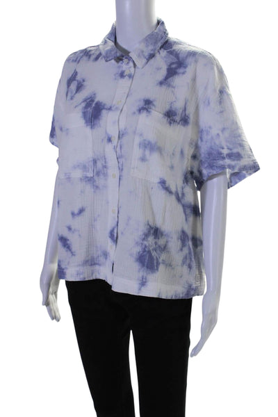 Madewell Womens Cotton Tie Dye Print Textured Short Sleeve Blouse Blue Size M