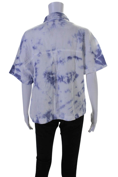 Madewell Womens Cotton Tie Dye Print Textured Short Sleeve Blouse Blue Size M