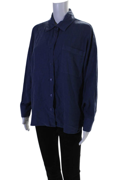 Stateside Womens Linen Collared Long Sleeve Buttoned Blouse Top Blue Size L