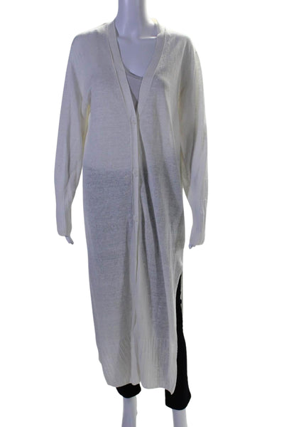 360 Sweater Womens Linen Buttoned Long Sleeve Duster Cardigan White Size L