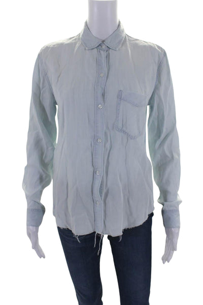 Rails Womens Chambray Raw Hem Long Sleeve Button Down Blouse Blue Size XS