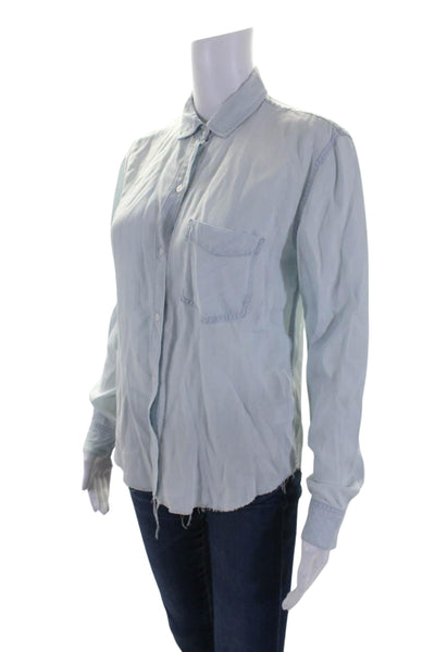 Rails Womens Chambray Raw Hem Long Sleeve Button Down Blouse Blue Size XS