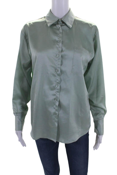 LBLC The Label Womens Satin Long Sleeve Buttoned Collared Blouse Green Size XS