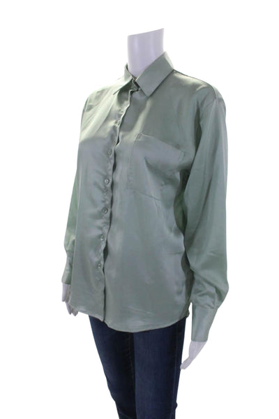 LBLC The Label Womens Satin Long Sleeve Buttoned Collared Blouse Green Size XS