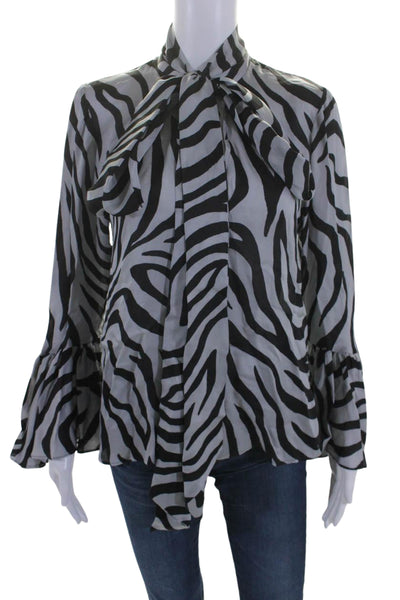 L'Academie Womens Zebra Print Bell Sleeve V Neck Tie Collar Blouse Gray Size XS