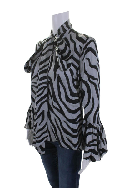 L'Academie Womens Zebra Print Bell Sleeve V Neck Tie Collar Blouse Gray Size XS